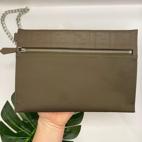 Fendi Zucca Monogram Clutch bag Pouch Nylon Leather khaki Brown Purse - Picture 4 of 13